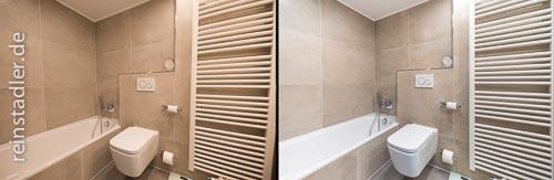  Badezimmer einer Eigentumswohnung in Lübeck aus Naturstein. Korrektur stürzender und gebogener Linien. Leichte Aufhellung der Schatten. Beseitigung des Gelbstichs und Herausarbeitung der natürlichen Textur der Natursteinplatten.