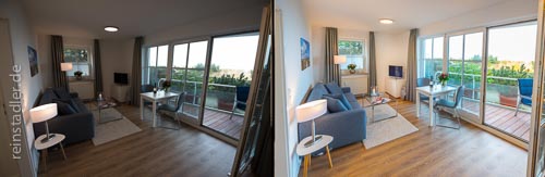  Ferienwohnung am Timmendorfer Strand, Ostsee. Teilkorrektur der stürzenden und gebogenen Linien. Partielle Belichtungskorrektur. Farbretusche in Bilddetails. Das Himmelsblau wäre nur unter größerem Aufwand per Retusche künstlich mit einer Bildmaske herstellbar gewesen, da es an dem Produktionstag nicht vorhanden war. Das Problem läge dann in der Natürlichkeit des Himmelsblaus und des Verlaufs. Die Retusche des Himmels wäre möglich, aber ich finde es meist besser, dieses nicht zu tun und somit eben keine künstlich erzeugten Details in das Bild zu bringen.