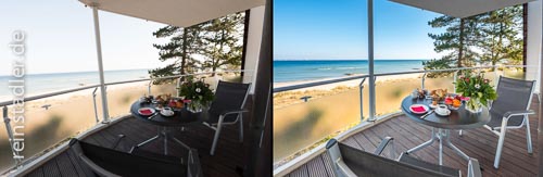  Ferienwohnung am Ostseestrand mit Balkon und Atmosphäre. Korrektur stürzender Linien und des Horizonts. Aufhellung der Schatten und Regulierung der Überstrahlung des Himmels und des Meeres. Partielle Verstärkung der im Schatten liegenden Farben samt Tonwertkorrekturen der Farbwerte.