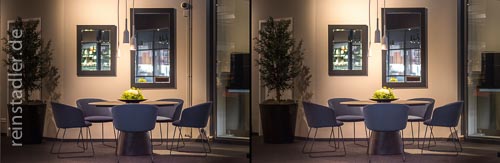  Retusche eines Fotos aus dem Showroom eines hamburger Einrichtungshauses. Entfernt wurden Heizungsrohre, eine Überwachungskamera und eine Steckdose inklusive Ansatz eines Stromkabels. Zusätzlich wurde das Foto noch aufgehellt. Die Aufhellung der Schatten hatte Priorität.