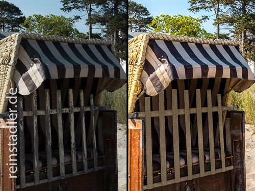  Fotoretusche eines kleinen Ausschnittes eines Fotos für ein Tourismusbüro an der Ostsee. Der allgemeine Zustand des Strandkorbs war sekundär, da dieser nur einen kleinen Teil der genutzten Aufnahme ausmachte. Das verwitterte Gitter war jedoch zu sichtbar. Ich musste eine Maske anfertigen, um dann die partielle Bildretusche ausschließlich auf das Holzgitter anwenden zu können.